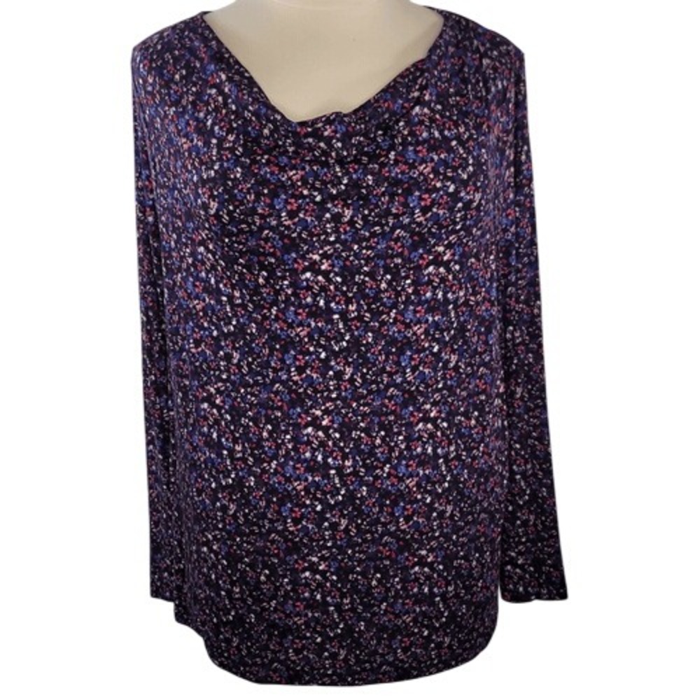 Lane Bryant Black Multi Floral Long Sleeve Drape Neck Top‎